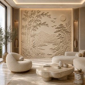 Modern Bamboo Landscape Decor Bas Relief Mural STL CNC 42 3D model
