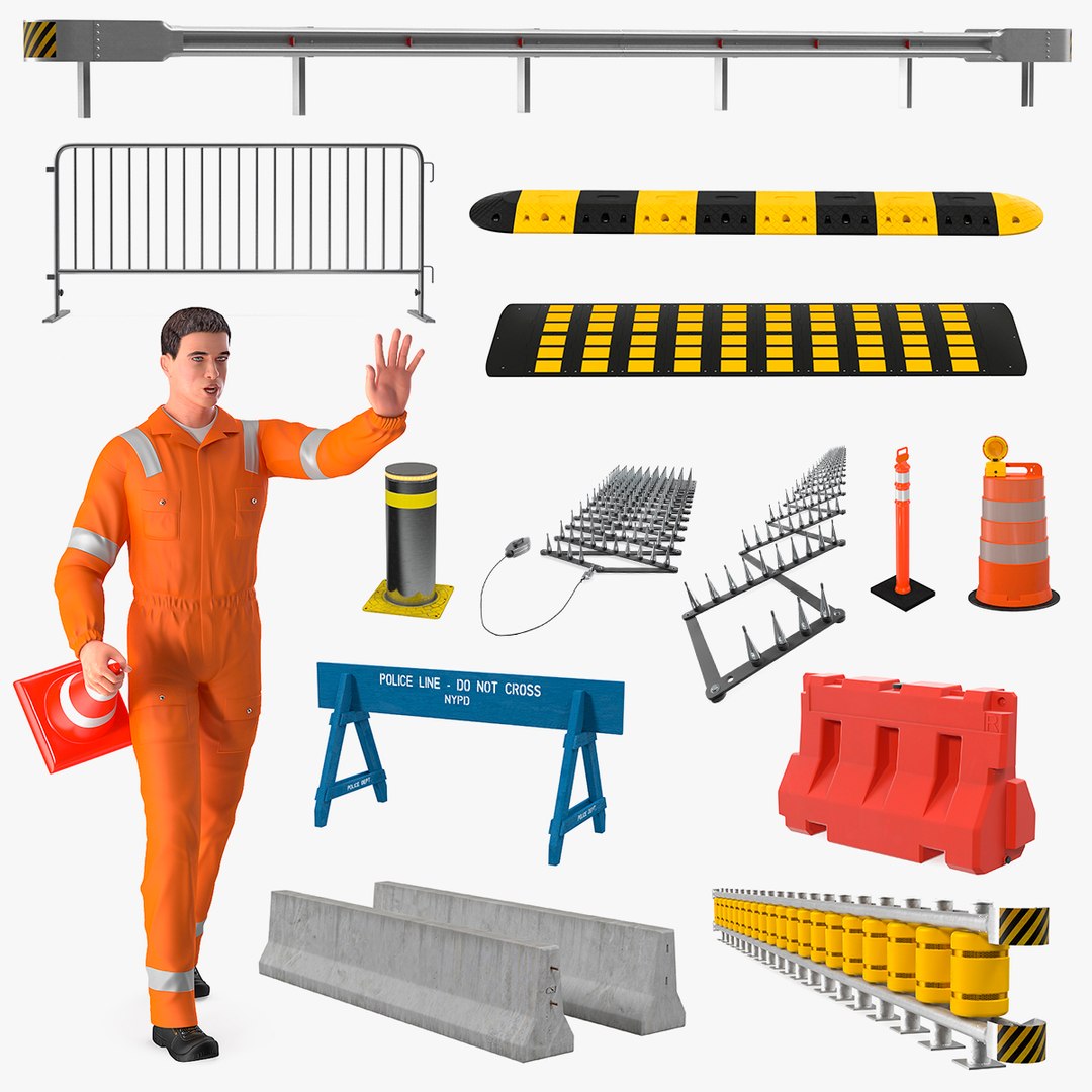 Rigged Road Worker with Road Barriers Collection 3D model preview