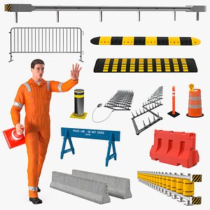 Rigged Road Worker with Road Barriers Collection