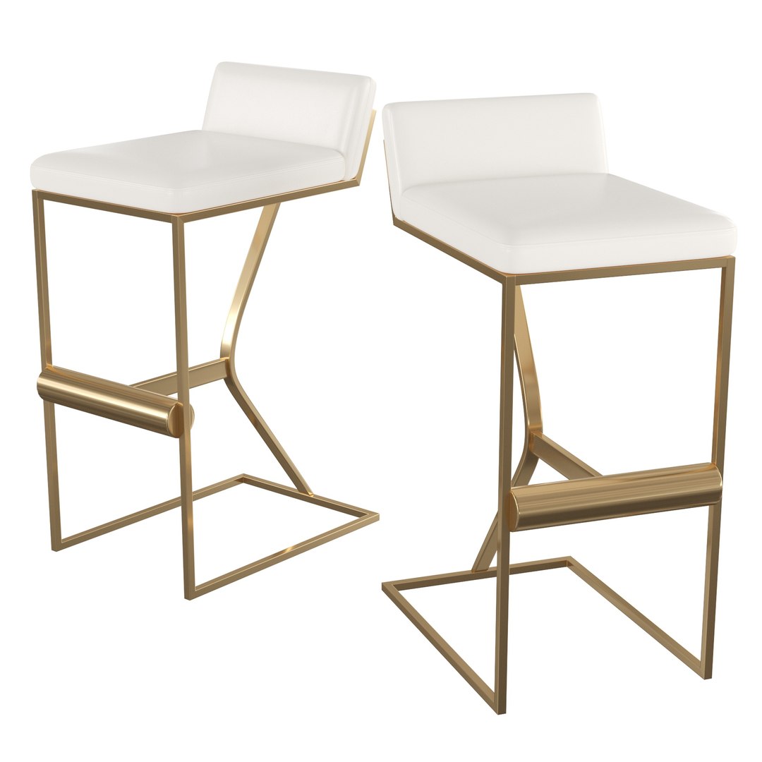 3D White Genuine Leather Bar Stool Counter Stool Gold Legs with