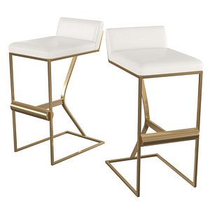 3D White Genuine Leather Bar Stool Counter Stool Gold Legs with Footrest model