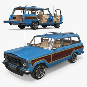 3D Vintage Family Station Wagon Blue Rigged for Cinema 4D