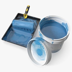 Paint Bucket with Roller Tray White Blue Used 3D model