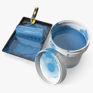 Paint Bucket with Roller Tray White Blue Used