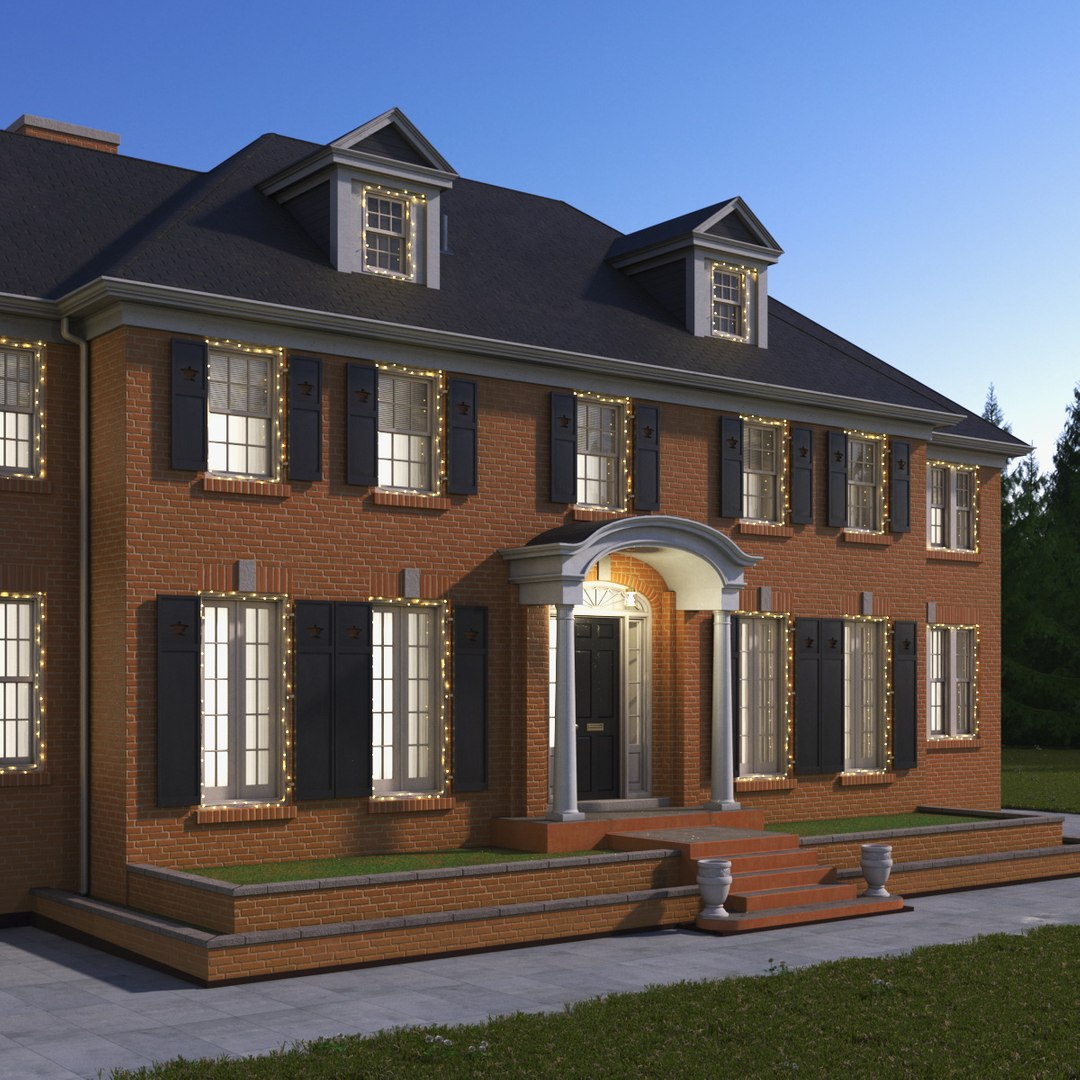 Elegant Brick Colonial House With Garland 3D model preview