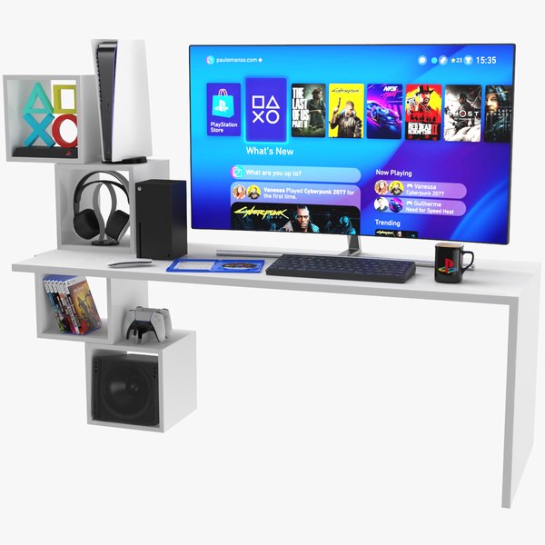 3D Gaming Desk Setup With Consoles And Accessories