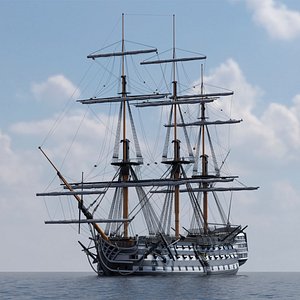 3D Classic Wooden Warship with Tied Sails Black White