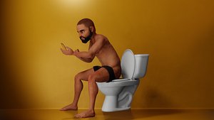 3D Cartoon Man Sitting on Toilet Holding His Phone