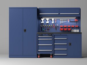 3D Blue mobile metal tool cabinet workbench with pegboard tool set 3d model