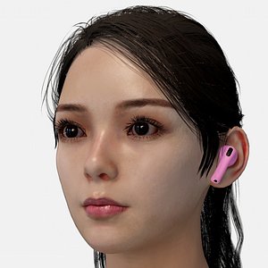 Female Head with Pink Wireless Earbuds 3D model