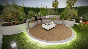 3D Garden Seating Area with Grass  Plants