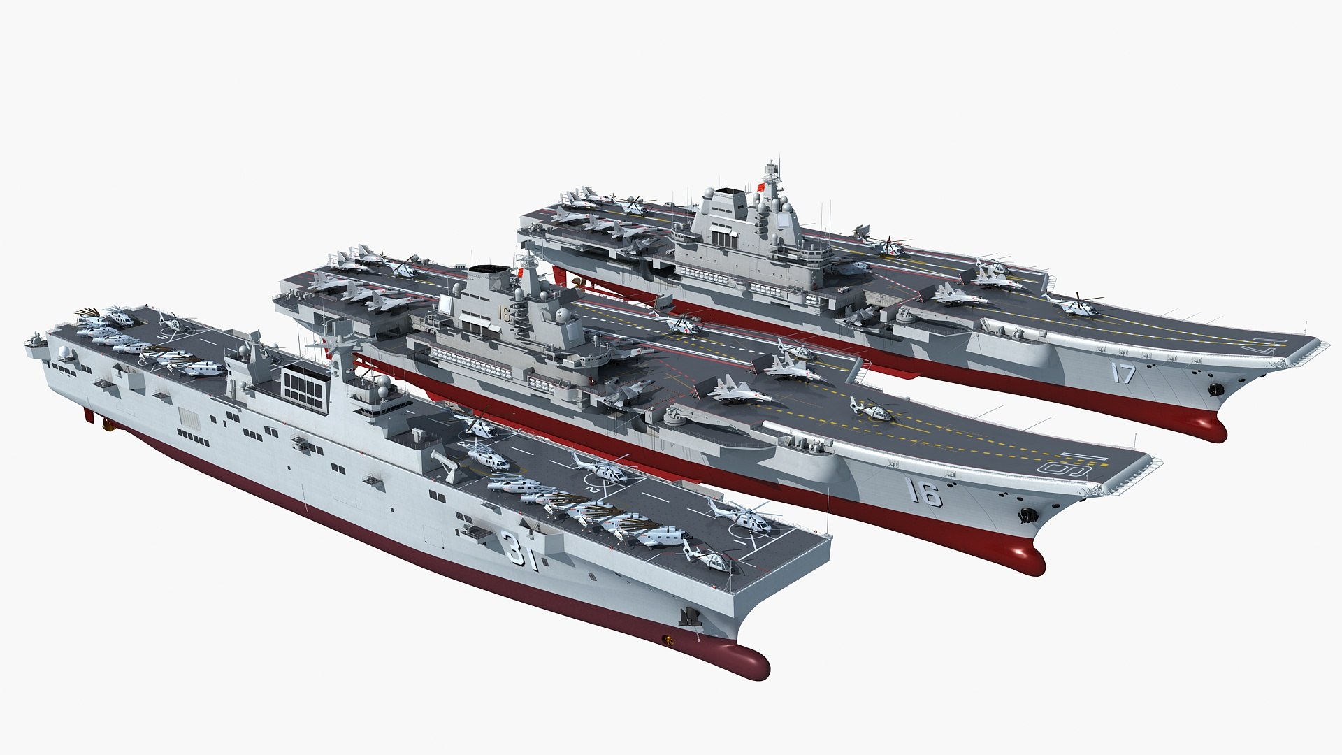 3D China Aircraft Carrier CV17 And CV16 And 075 With Shipboard Aircraft ...