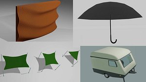Caravan Sun shade umbrella and parametric wall OBJ and BLEND 3D model