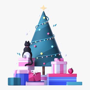 Christmas tree with gifts and cat