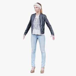 Cute Woman in Jeans Leather Jacket and Bandana Standard Pose Remastered