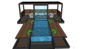 3D Model of a Swimming Pool with Wooden Deck  Pergola Seating Area Cobra Water Fountain
