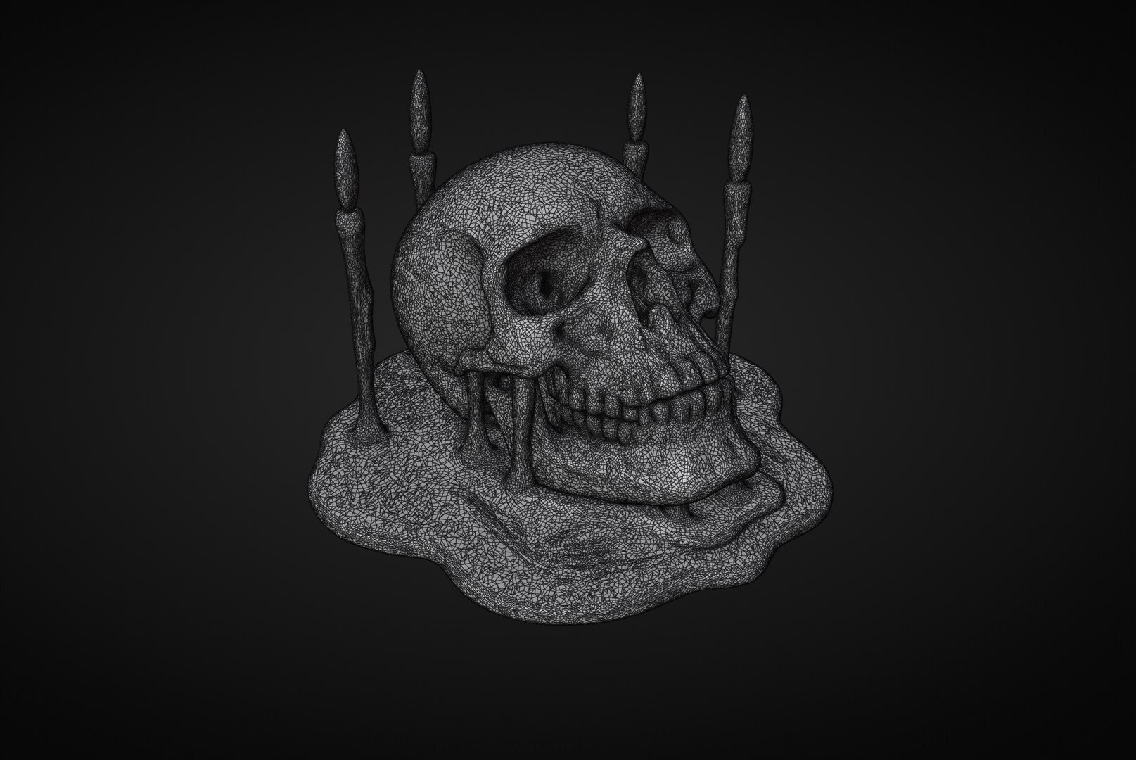 Skull and Candles Ritual 3D model https://p.turbosquid.com/ts-thumb/l6/1c8J5E/VG/999cursedskullwireframe/jpg/1746292327/1920x1080/fit_q87/b9621705c44eb3bcf0194ce46660fb3b0e084640/999cursedskullwireframe.jpg