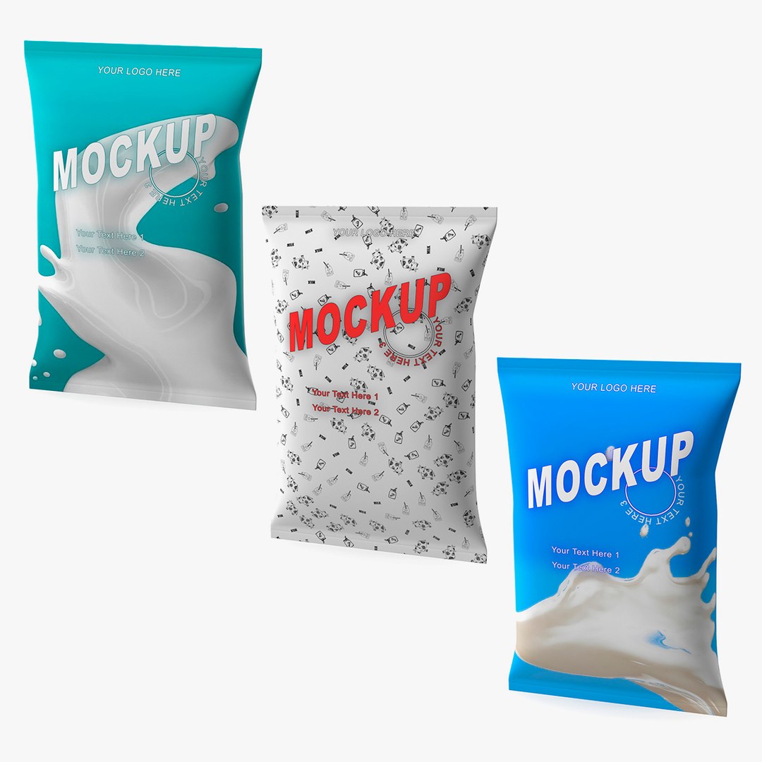Pillow Shape Milk Packages Mockup Collection 3D model preview