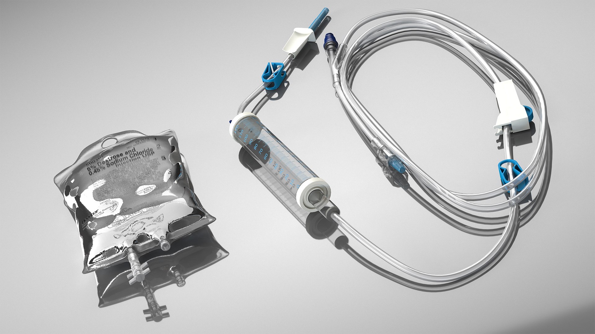 IV Fluid Solution Bag and Rolled Dropper 3D model preview