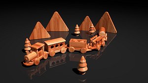 3D model Game Ready Wooden Toy Train with Stylized Environment Props