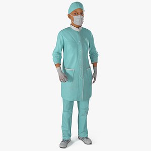 3D Female Doctor Wearing Face Mask Stained with Blood Rigged