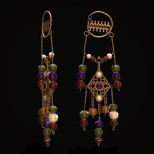Medieval Hanging Bead Tassel Earrings 3D model