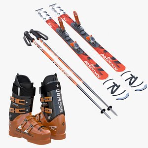 alpine boots ski poles 3d model