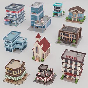 10 Low Poly Buildings Set 3D model