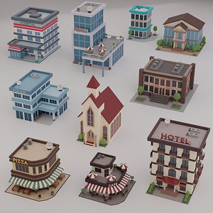 10 Low Poly Buildings Set