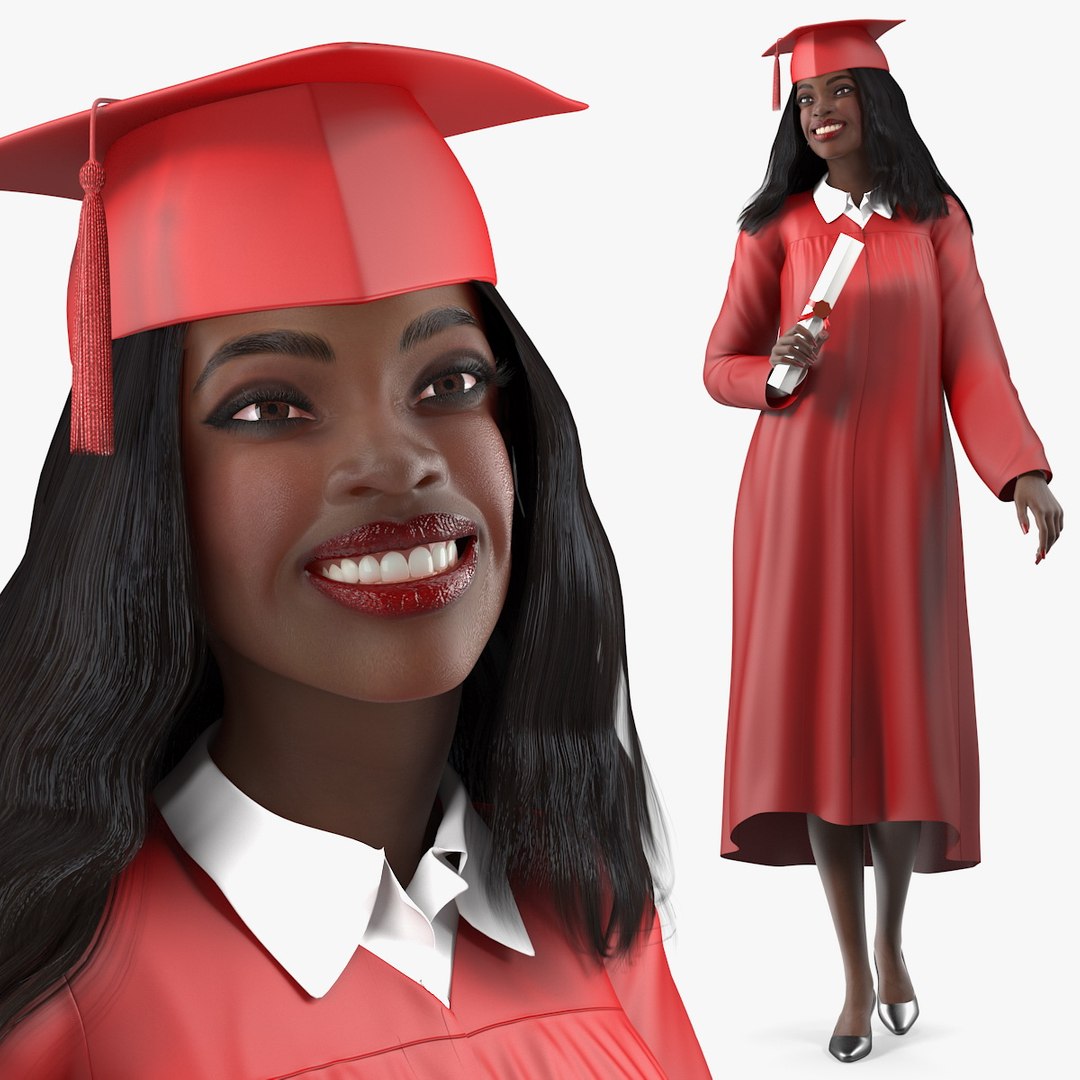 Dark Skin Graduation Gown Woman Standing Pose 3D model preview