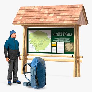 Hiking Information Board with Winter Men Sportswear Collection 3D