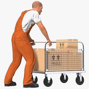 Worker with Platform Trolley Two Railing Cardboard Boxes Rigged Fur for Maya