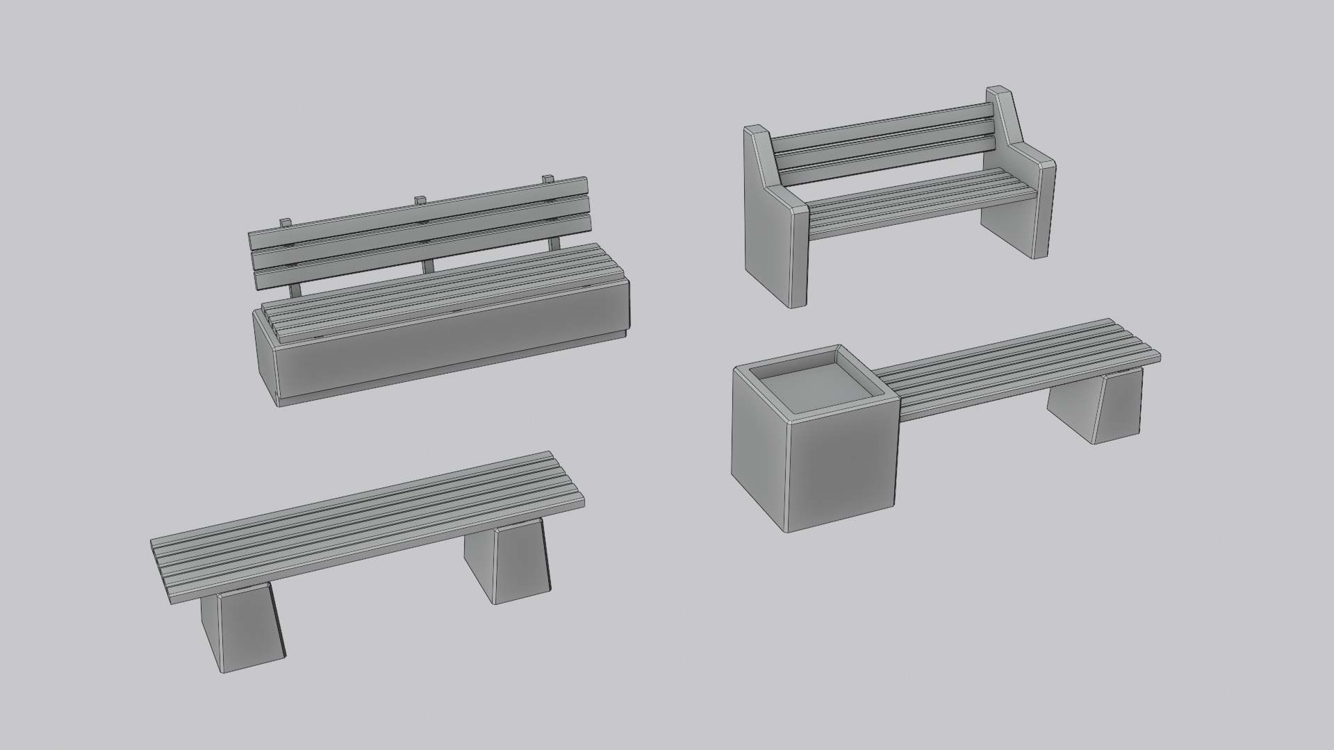 Modern Concrete and Wood Park Bench Pack - 4 Game-Ready Benches model https://p.turbosquid.com/ts-thumb/lH/G8ZwjL/bx/bench_modern_wireframe/png/1792310036/1920x1080/fit_q87/54424ba15c5142ea76832cb462a6c24e3647c9d0/bench_modern_wireframe.jpg