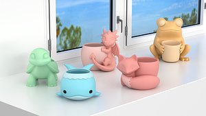 3D Cute Animal Planter Pack Kawaii Flower Pot Mini Succulent Pots 3D Models STL Blender FBX OBJ Printab model