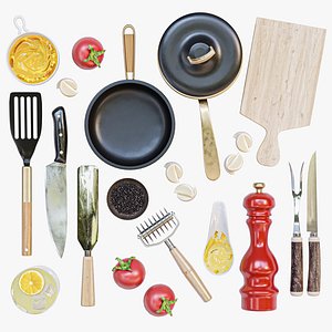 3D model Kitchenware Frying pan and cutlery