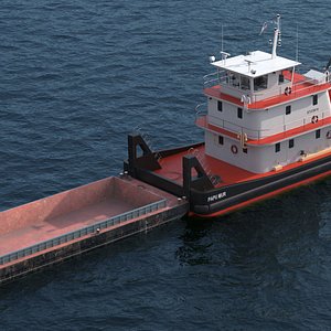 Pushboat with Hopper Barge on Water 3D model