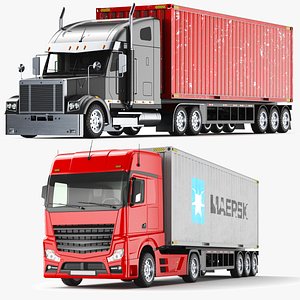 3D model Two Detailed Container Trucks