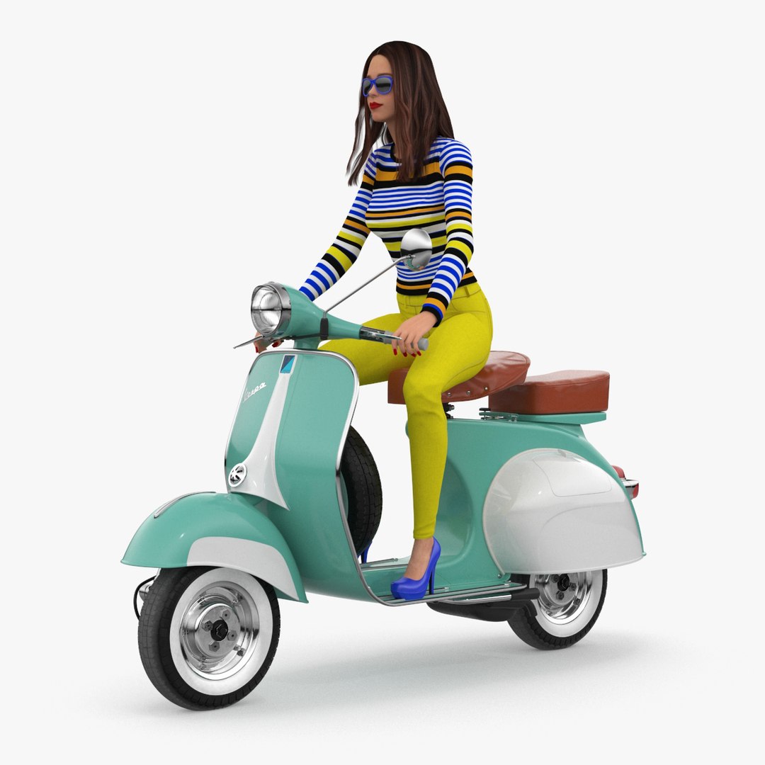 Woman Riding Vespa 125 Retro Scooter 3D model preview