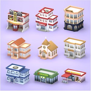 3D Cartoon Low Poly Building Pack Set2 model