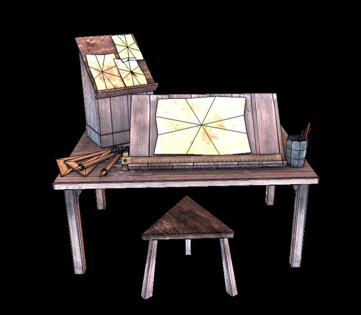medieval drafters table 3D model https://p.turbosquid.com/ts-thumb/lO/prBKfm/0hyUVQS2/wireframe/jpg/1533472147/1920x1080/fit_q87/7ff73dcb85eee6d0cd844d574ce360f6c5bdd534/wireframe.jpg
