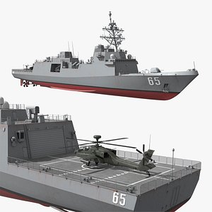 3D model Navy Ship With AH-64D Helicopter