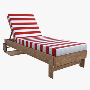Modern Wooden Sun Lounger Red Striped Cushion Outdoor Deck Chair Low Poly PBR 3D