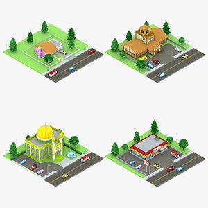 4 Set Lowpoly Toon Buildings with Cars 3D model