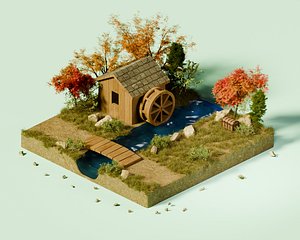 3D model landscape house with water mill