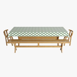 3D model A table with four benches and a tablecloth