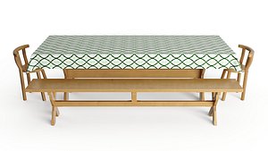 3D model A table with four benches and a tablecloth