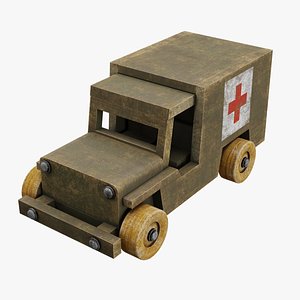 Old wooden toy military ambulance car 3D model