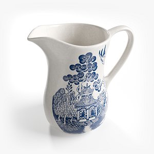 Milk Jug Cream Antique Willow Pattern Ceramic Victorian  Blue  White Tableware Rustic Vintage China 3D