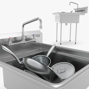 Stainless Utility Sink with Cookware Silver in Use 3D