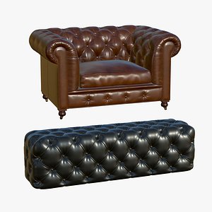 Chesterfield Leather Bench With Single Sofa 3D model